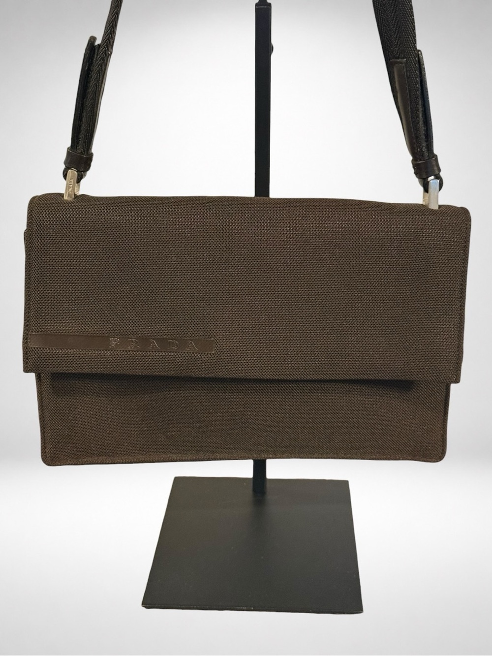 PRADA 1999 Runway Mesh Leather Shoulder Bag Brown Adjustable Vintage Italy